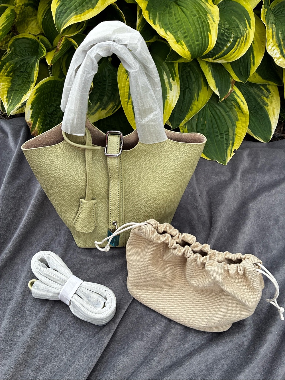 Chic Olive Green Tote with Beige Pouch